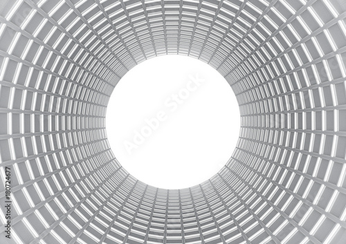 3d rendering. Gray color square pattern in circle shape tunnel with light at the center.