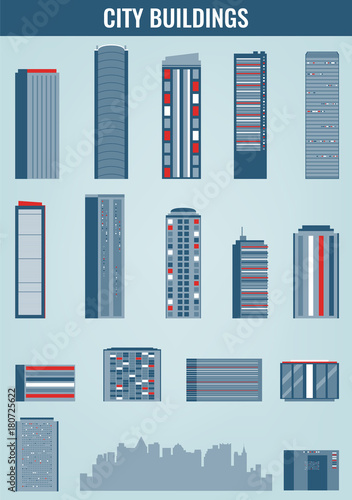 City buildings. Houses and skyscrapers set. Flat design icons. Vector