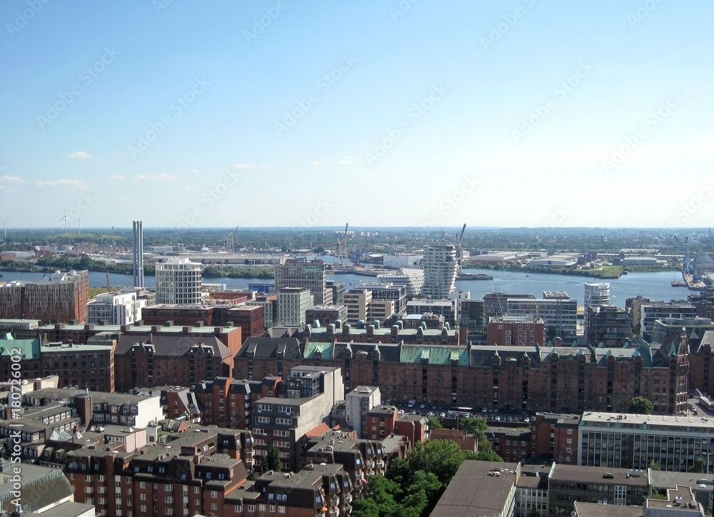 Aerial view of port and city, Hamburg, Germany
