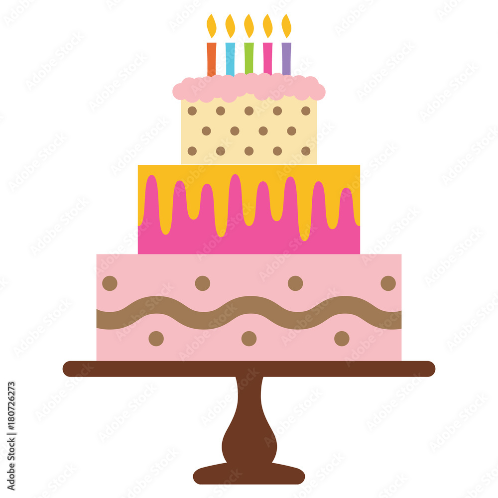 Sweet birthday cake with five burning candles. Colorful holiday dessert. Vector celebration background.
Sweet birthday cake with five burning candles. Colorful holiday dessert. Vector celebration background.