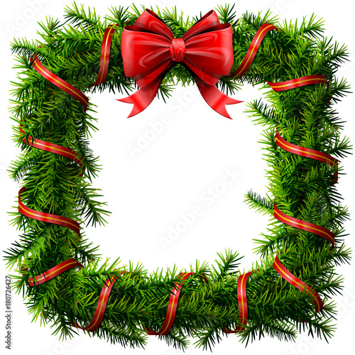 Christmas square wreath with red bow and ribbon. Decorated rectangle frame of pine branches isolated on white. Best vector image for new years day, christmas, decoration, winter holiday, design, etc