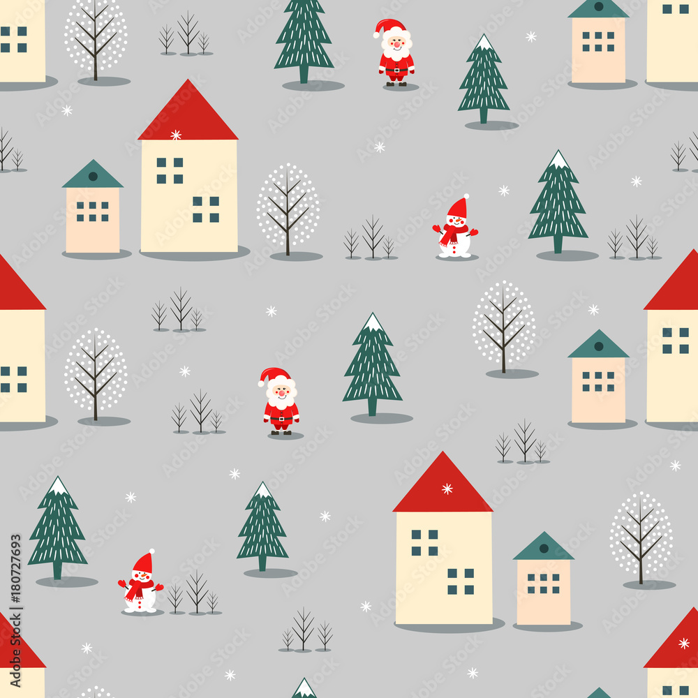 Xmas tree, Santa Claus, houses and snowman seamless pattern on grey background. Vector holidays illustration for new year and Christmas. Cartoon style. Design for fabric, textile, wallpaper and decor