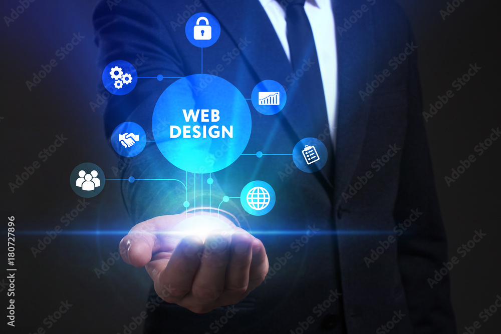 Business, Technology, Internet and network concept. Young businessman working on a virtual screen of the future and sees the inscription: Web design Business, Technology, Internet and network concept. Young businessman working on a virtual screen of the future and sees the inscription: Web design