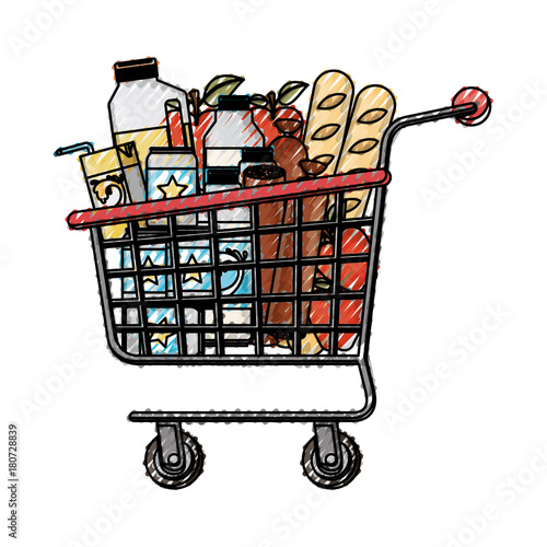 supermarket shopping cart with foods sausage and bread apples and drinks orange juice and water bottle and lacteal in colored crayon silhouette
