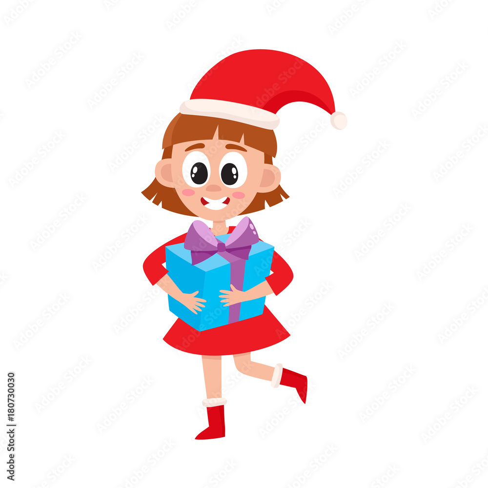 vector flat kids with presents. Young girl in red dress and christmas hat holding big present box with blue wrapping and purple bow smiling. Isolated illustration on a white background. vector flat kids with presents. Young girl in red dress and christmas hat holding big present box with blue wrapping and purple bow smiling. Isolated illustration on a white background.