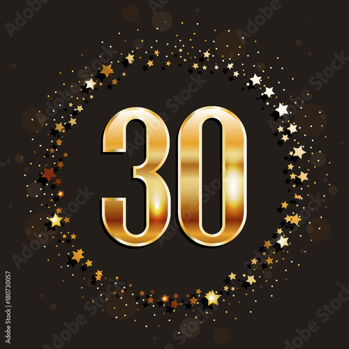 30 years anniversary gold logo on dark background. Vector illustration. photo