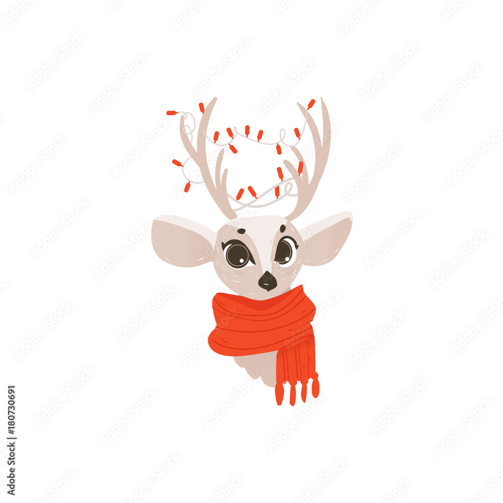 vector flat cartoon cute female christmas reindeer in red scarf head  portrait. Winter holiday deer animal simbol full lenght. Isolated  illustration on a white background. Stock Vector | Adobe Stock