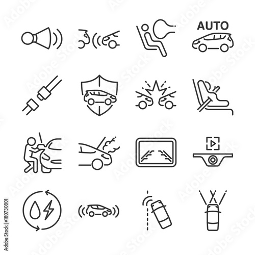 Car line icon set. Included the icons as car horn, seat, camera, airbags, insurance, belt and more.