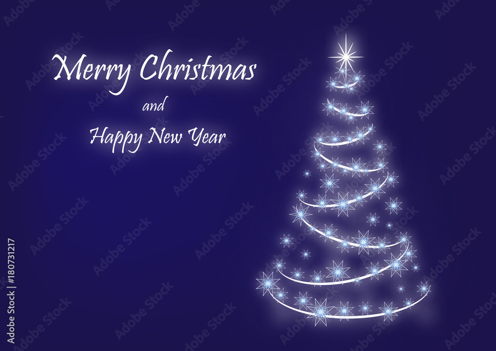 blue xmas card with greating text and shining christmas tree blue xmas card with greating text and shining christmas tree