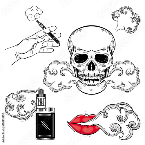 vector sketch hand drawn vaping symbols set. Skull exhailing smoke, woman lips smoking, vape device with clouds of vapour and hand holding vaping device. Isolated illustration on white background
