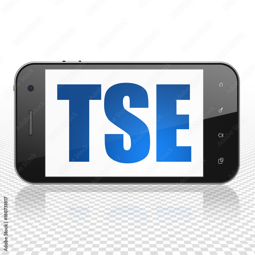 Stock market indexes concept: Smartphone with blue text TSE on display, Tag Cloud background, 3D rendering Stock market indexes concept: Smartphone with blue text TSE on display, Tag Cloud background, 3D rendering