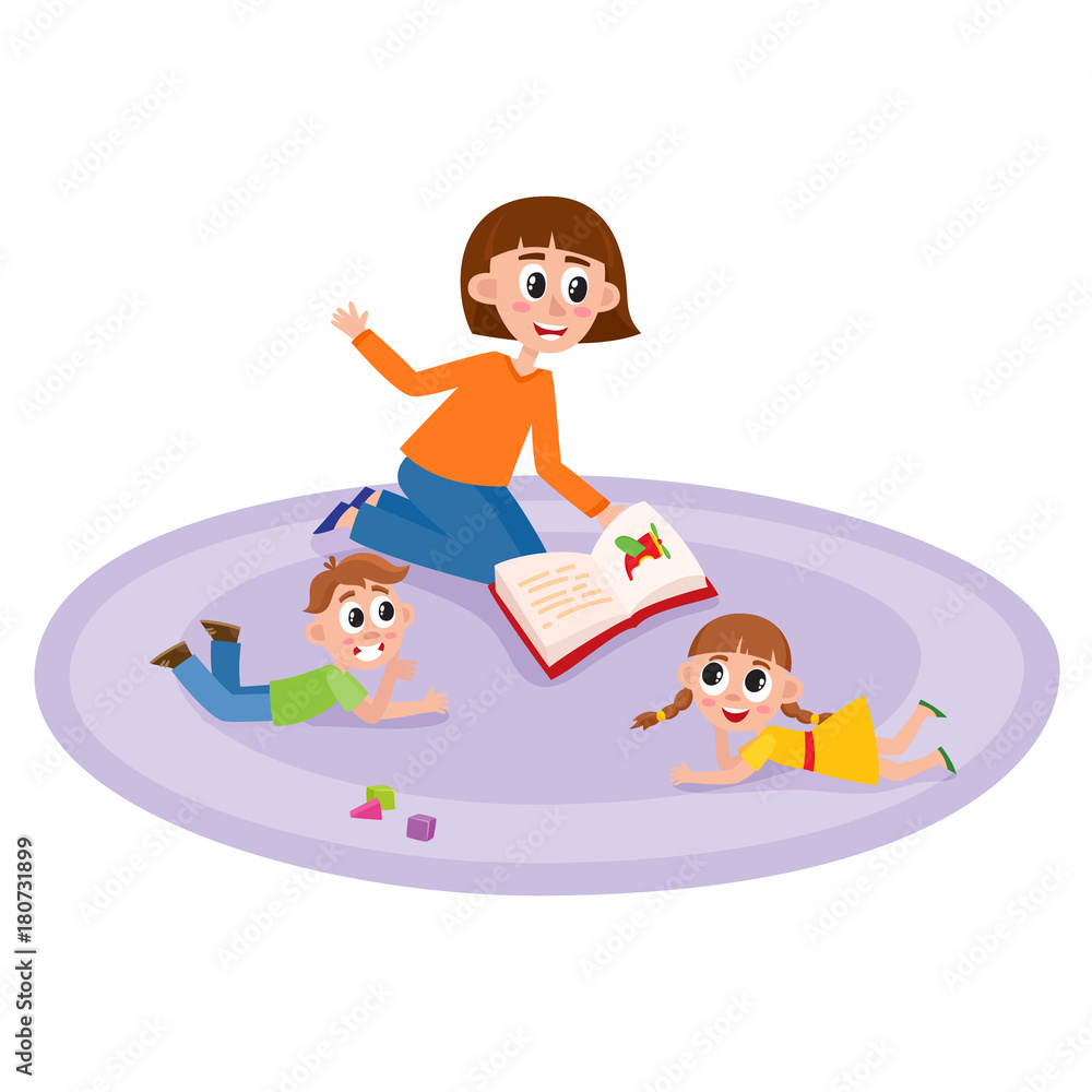 Obraz premium vector flat girl and boy kids sitting at carpet around young woman with book - teacher and listening to her attentively with interest with cubics toys around. Isolated illustration, white background.