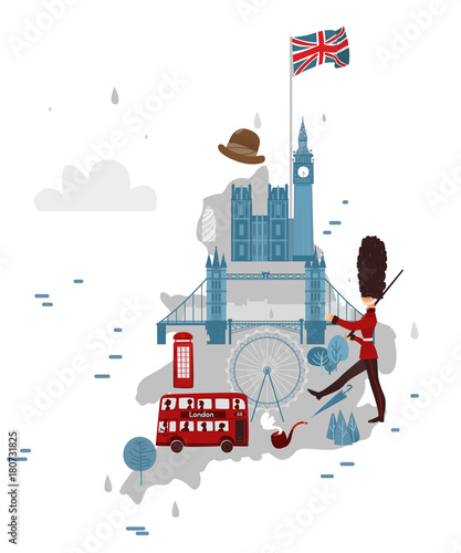 vector flat England map with symbols concept set. Marching beefeater, british phone booth, Tower Bridge and Big Ban Tower of London, gentleman hat, umbrella, smoking pipe, union jack flag icon.