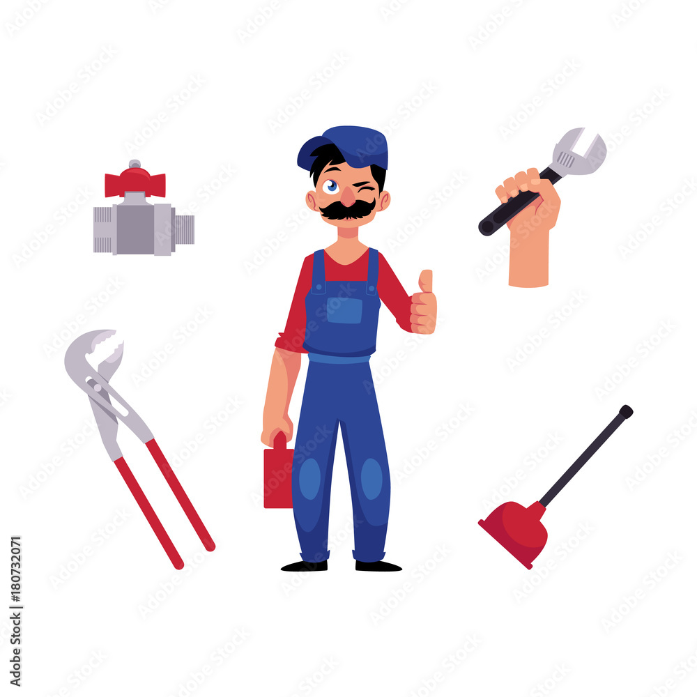 vector cartoon man blumber in working uniform, cap and mustache holding case with tools showing thumbs up, winking, water valve, plunger, pipe, monkey wrench. isolated illustration, white background vector cartoon man blumber in working uniform, cap and mustache holding case with tools showing thumbs up, winking, water valve, plunger, pipe, monkey wrench. isolated illustration, white background