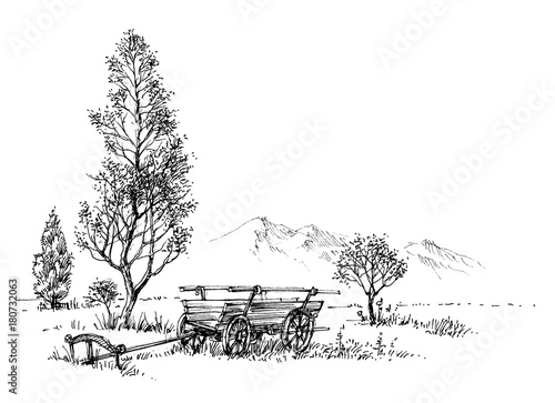 Countryside artistic drawing. Rural nature and cart sketch