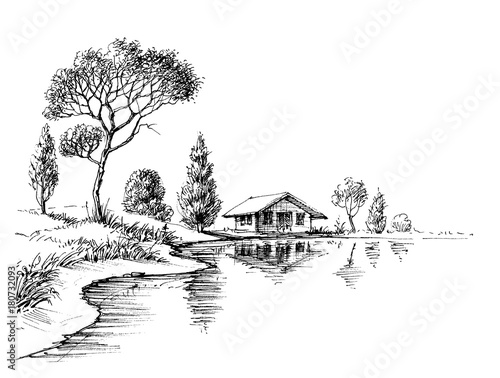River bank panorama. Nature artistic sketch, relaxation and meditation background
