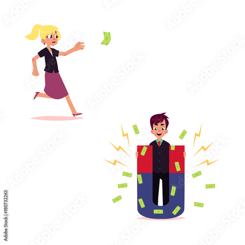 Woman running after flying banknote, man drawing, attracting money with giant magnet, cartoon vector illustration isolated on white background. Earning money, attracting investments, flying money