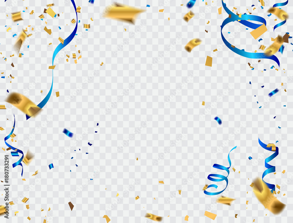 Celebration background template with confetti gold and blue ribbons. new year - obrazy, fototapety, plakaty 