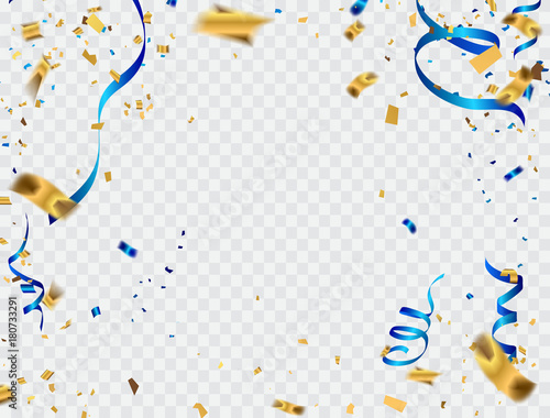 Celebration background template with confetti gold and blue ribbons Fototapeta