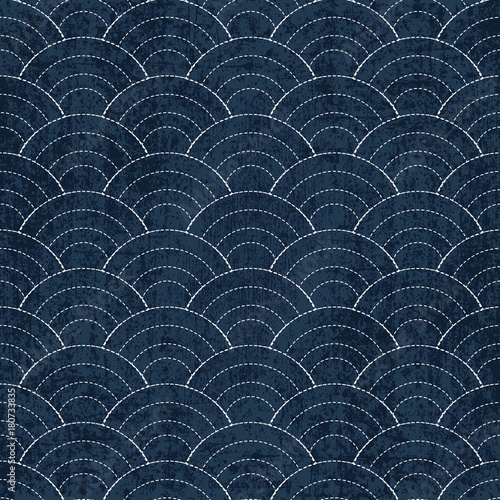 Sashiko seamless indigo dye pattern with traditional white Japanese embroidery