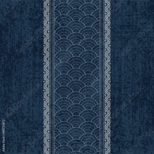 Sashiko indigo dye pattern with traditional white Japanese embroidery