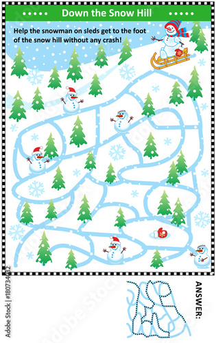 Winter maze game: Help the snowman on sleds get to the foot of the snow hill without any crash! Answer included.
