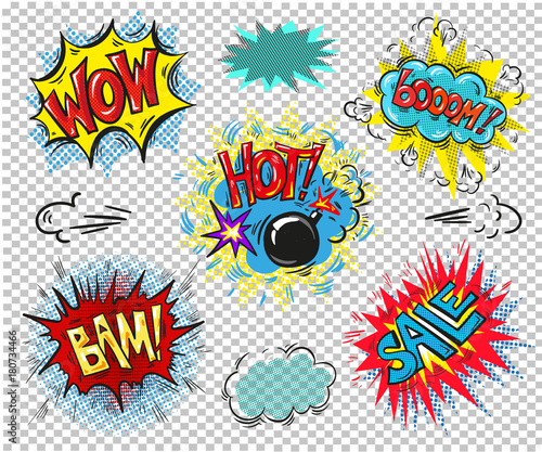 Retro comic empty speech bubbles set on colorful background. Wow hot boom bam sale words vintage design, pop art style