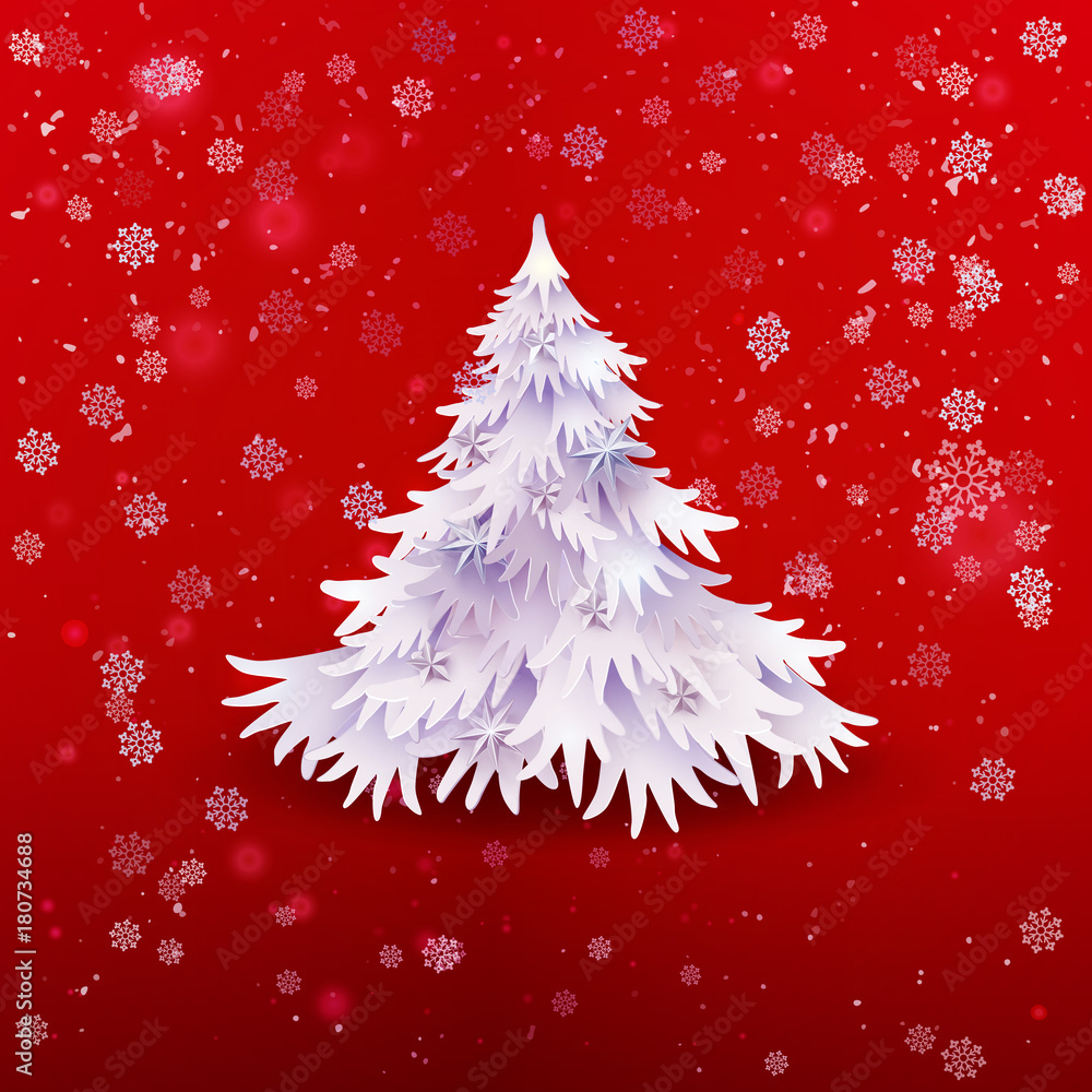 White Christmas and Happy New Year tree decorated stars and Holidays snow. Paper art craft cat out style. Xmas object on red Holidays background. Seasons Greeting. Vector illustration. White Christmas and Happy New Year tree decorated stars and Holidays snow. Paper art craft cat out style. Xmas object on red Holidays background. Seasons Greeting. Vector illustration.