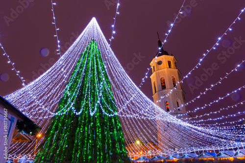 Decorated and illuminated Christmas tree on the Cathedral Square and Cathedral Belfry at night, Vilnius, Lithuania, Baltic states.