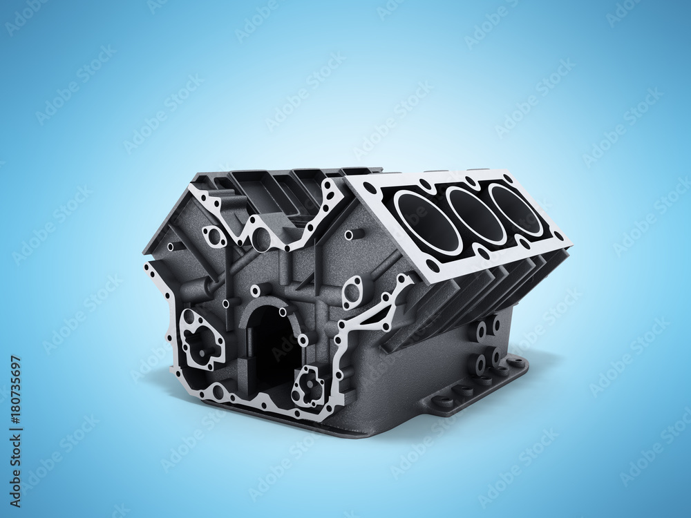 cylinder block from car with v6 engine 3d render on a blue background ...