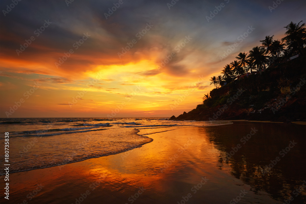 Sunset on Varkala beach, Kerala, India