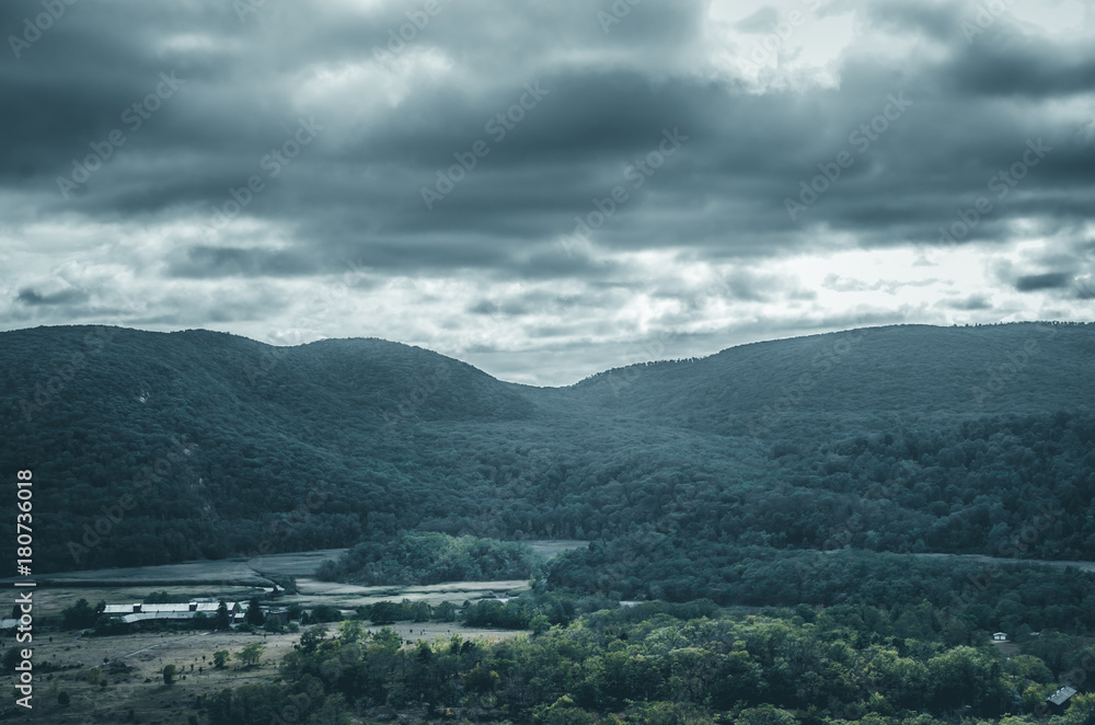 Wide mountain range looking through trees and shrubs. Abstract nature