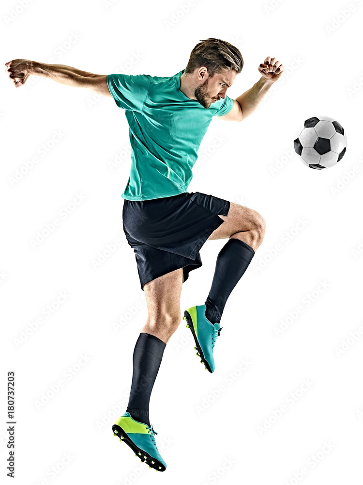 Fototapeta premium one caucasian soccer player man isolated on white background