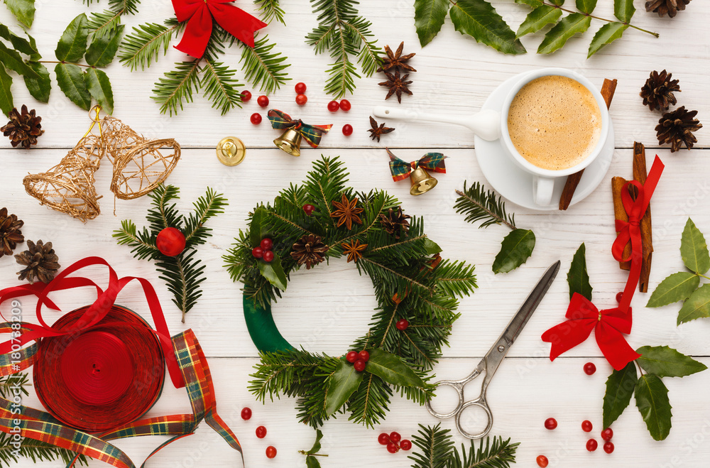 Creative diy hobby. Handmade craft wreath as christmas decoration Creative diy hobby. Handmade craft wreath as christmas decoration