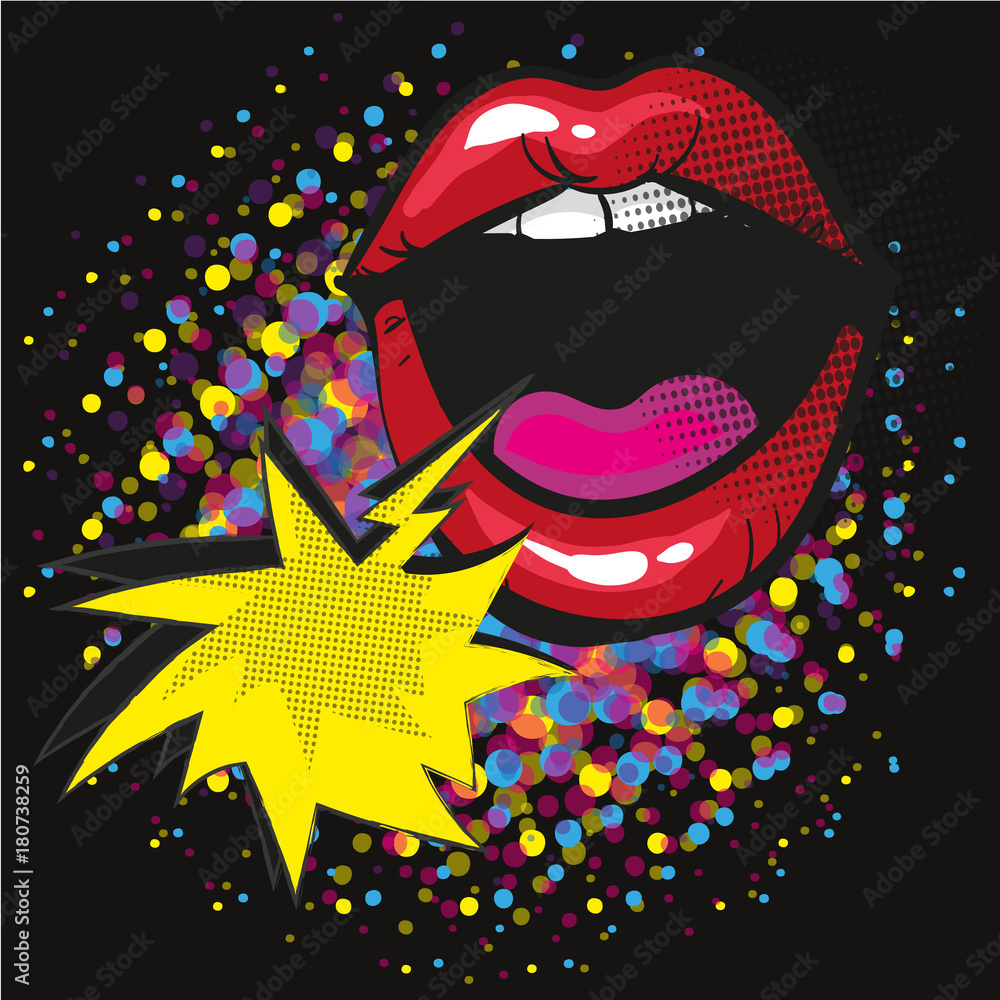 Obraz premium Comic lips shout Speech Bubble Pop Art On Dot black Background Vector Illustration