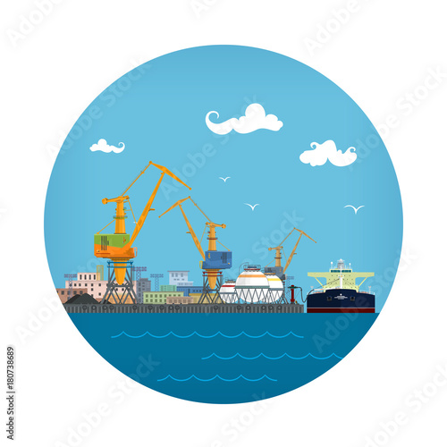 Cargo Sea Port Icon, Loading or Unloading Oil from the Tanker ,Sea Freight Transportation, Logistic, Vector Illustration