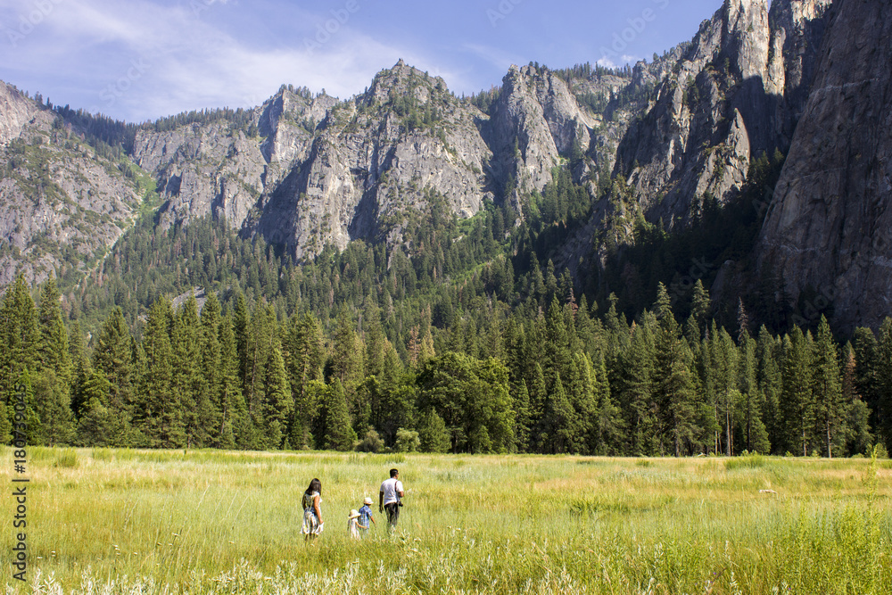 A family walks through the grass in Yosemite Valley, California