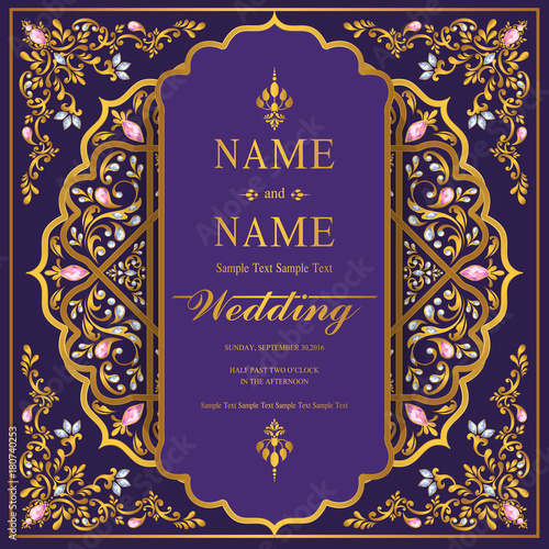 Wedding Invitation card templates with gold patterned and crystals on background color. 