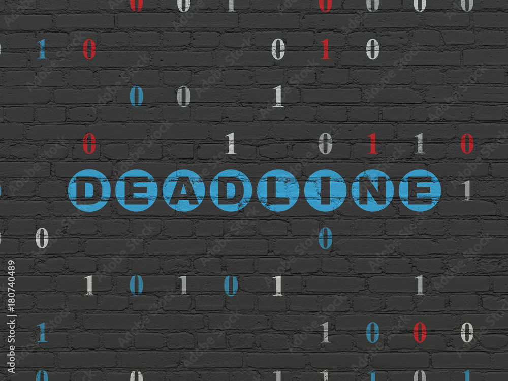 Finance concept: Painted blue text Deadline on Black Brick wall background with Binary Code