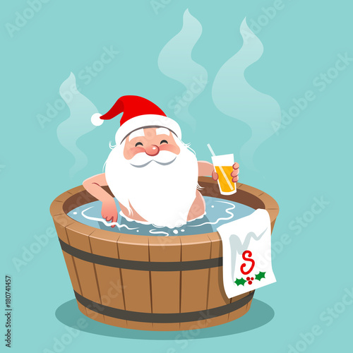 Vector cartoon illustration of Santa Claus sitting in a wooden barrel hot tub, holding glass of orange juice. Christmas theme design element, flat contemporary style, isolated on aqua blue
