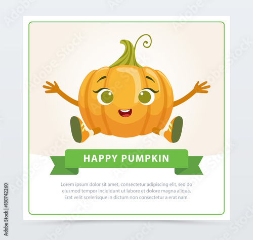 Cute humanized gourd vegetable character , happy pumpkin banner flat vector element for website or mobile app
