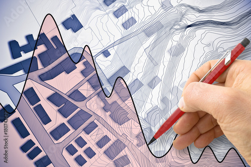 Bilde på lerret Imaginary cadastral map of territory with buildings, roads and hand drawing a ch