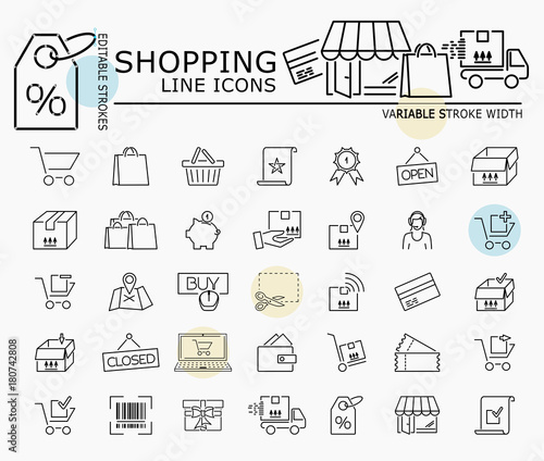 Shopping line icons with minimal nodes and editable stroke width and style