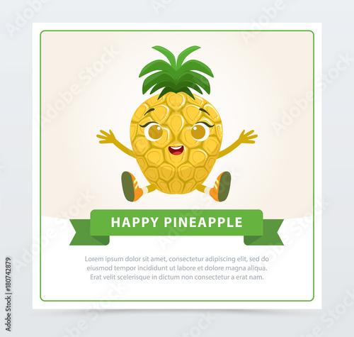 Cute humanized ananas fruit character, happy pineapple banner flat vector element for website or mobile app photo