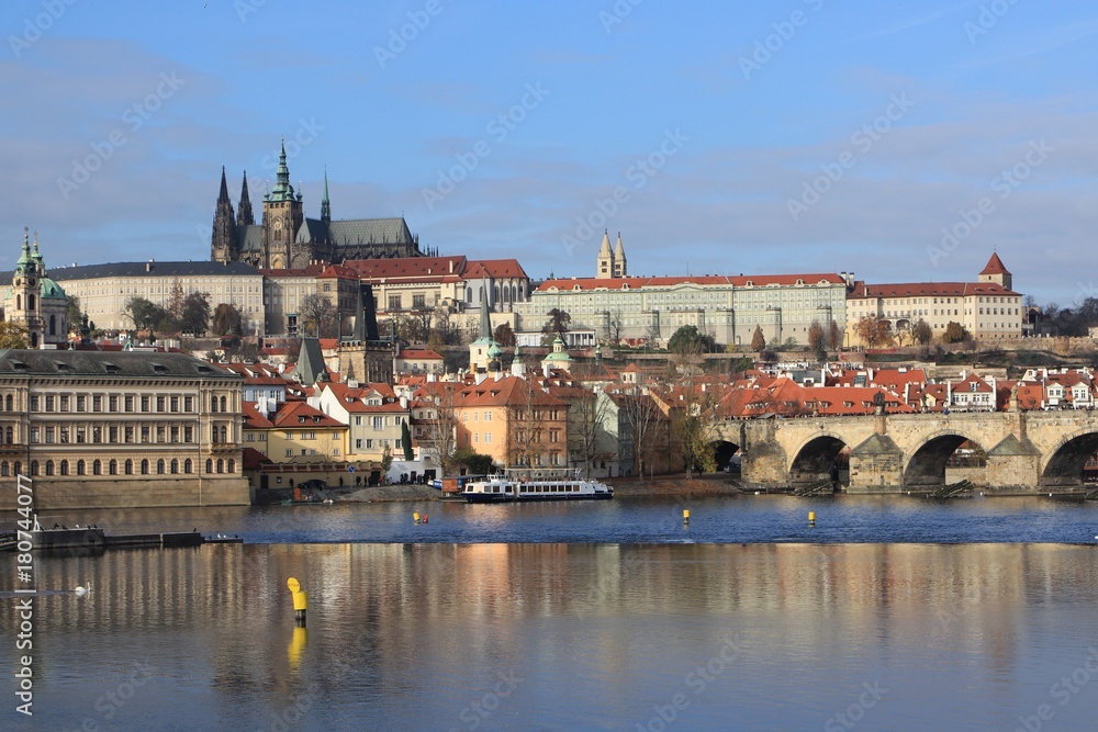 picturesque Prague Castle with the famous Charles bridge and the Vltava river, Czech Republic 