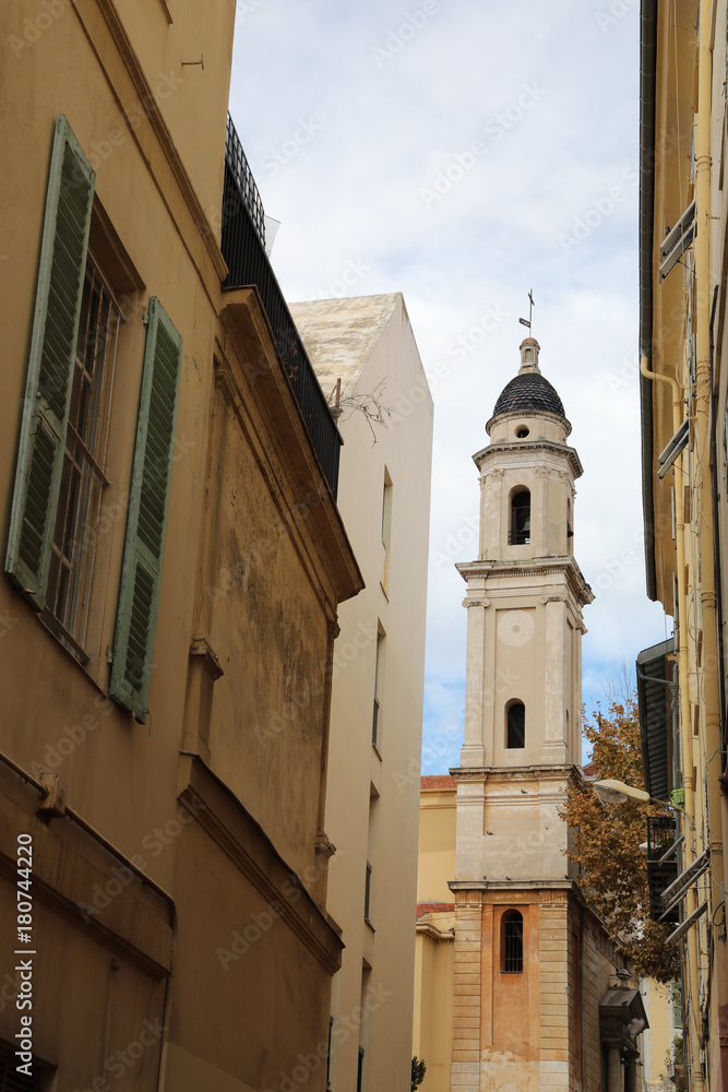 Bell tower of church in Menton, France