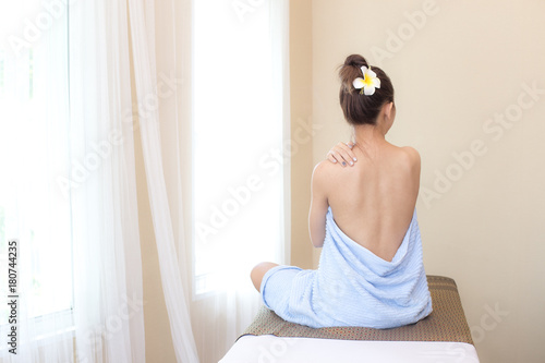 Beautiful Asian Woman sitting in spa salon wellness, Beauty healthy lifestyle and relaxation concept. photo