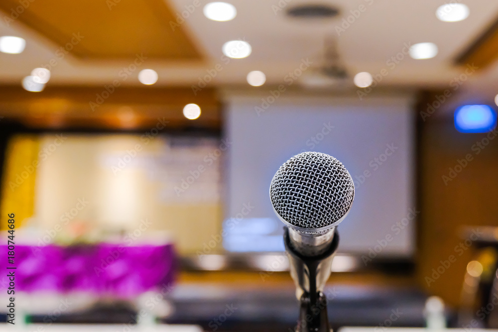 Close up of Microphone in meeting room for a seminar Close up of Microphone in meeting room for a seminar