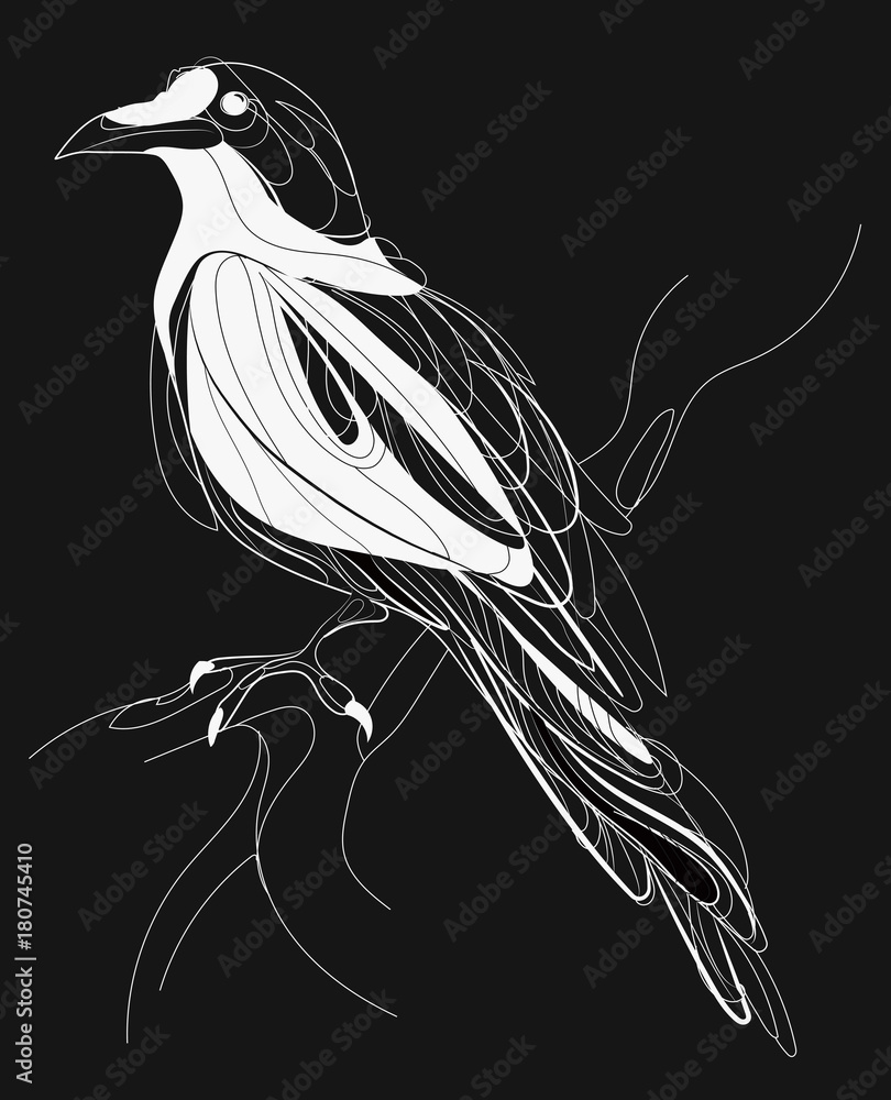 A crow sitting on a branch. Stylized magpie on a tree. Black and white crow.  Linear Art. Tattoo. Vector illustration. Stock Vector | Adobe Stock