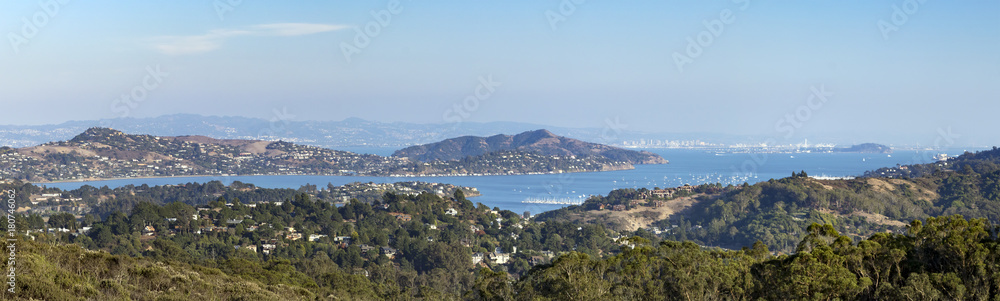 Panoramic view of the San Francisco bay area seen from an overlook in the hills of Marin County, California